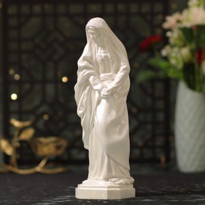 Hand Carved Our Lady of Sorrows Statue: Pearl White Marian Decor