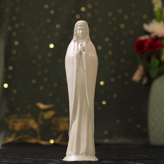 Handmade Mother Mary Statue: Pearl White Wood Catholic Decor