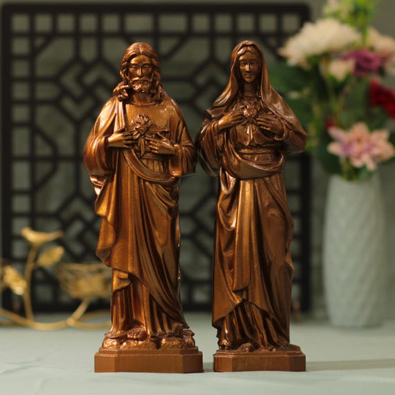 11.8 Inches Set of Sacred Heart of Jesus and Immaculate Heart of Mary Statues Antique Style Catholic Statue Home Altar Christian Gifts