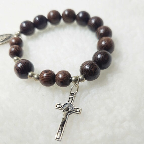 Black Cypress Wood Catholic Bracelet | Handmade Prayer Beads for Children & Teens, Faith Gift, Rosary Bracelet