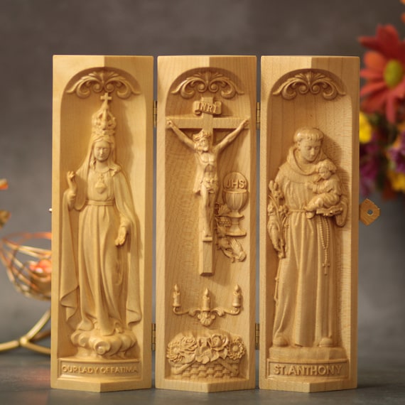 Home Altar Catholic Triptych of Our Lady of Fatima- Jesus Christ / St. Anthony Catholic Home Decor Religious Gift Easter Gift Catholic Altar
