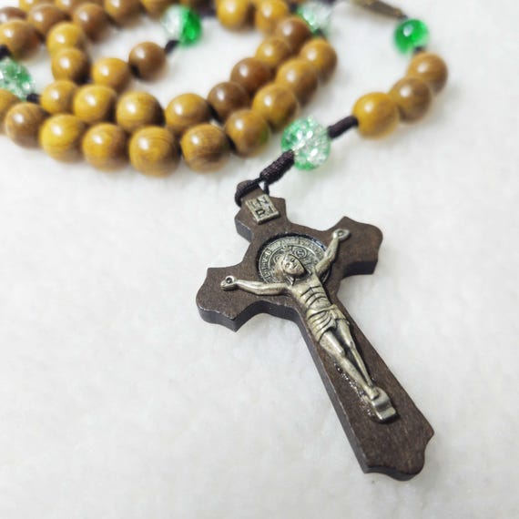 Unique Catholic Rosary with green gemstone beads, Paracord Rosary, Wood Bead rosary, Pardon Crucifix Rosary, Catholic Gifts, Cord Rosary