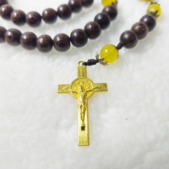 Catholic Rosary with black wooden beads and yellow gemstone beads, Paracord Rosary, Wood Bead rosary, Pardon Crucifix Rosary, Catholic Gifts