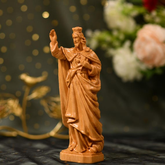 Hand Carved Jesus Christ Blessing Statue Wood Catholic Decor Sacred Heart Sculpture Religious Gift Christian Home Altar Faith Figurine