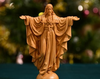 Christus der König Holzstatue Katholische Figur Religiöses Geschenk Altar Sacred Heart Jesus Christian Home Decor Katholische Skulptur Glaube Kunst