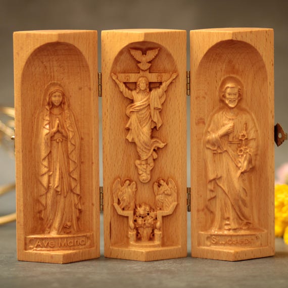 Catholic Wooden Altar with Jesus, Saint Joseph, and Virgin Mary – Handmade Christian Prayer Shrine Prayer Altar Catholic Home Decor