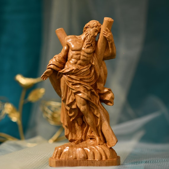 Saint Andrew Wooden Statue Catholic Apostle Figurine Jesus Disciple Religious Home Decor Christian Gift Hand Carved Wood Saint Sculpture