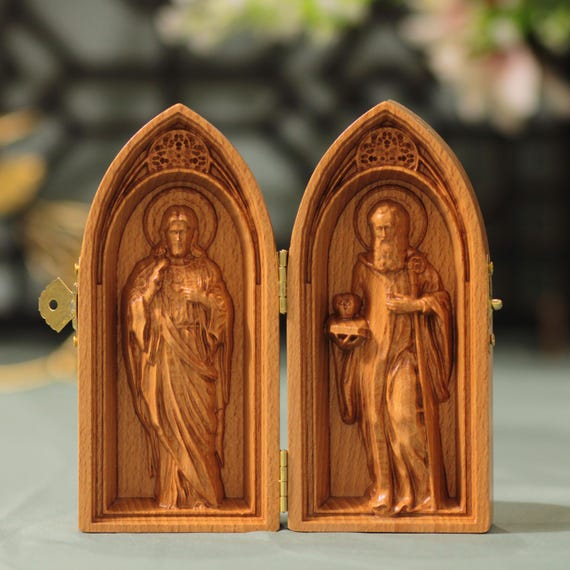 Sacred Heart of Jesus and Saint Benedict Catholic Diptych Wooden Prayer Panel Christian Gift for Home Altar Religious Gifts Catholic Art