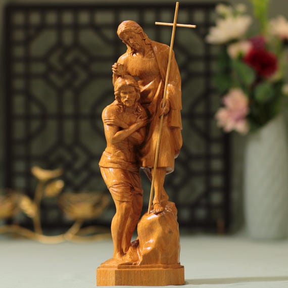 St John the Baptist Baptizing Jesus Wooden Statue Jesus Baptism John the Baptist Icon Handmade Statue Baptism of Jesus | San Juan Bautista
