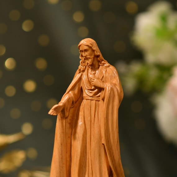 Wooden Jesus Christ Blessing Statue Catholic Home Decor Sacred Heart Figurine Christian Gift Religious Sculpture Altar Art Prayer Room