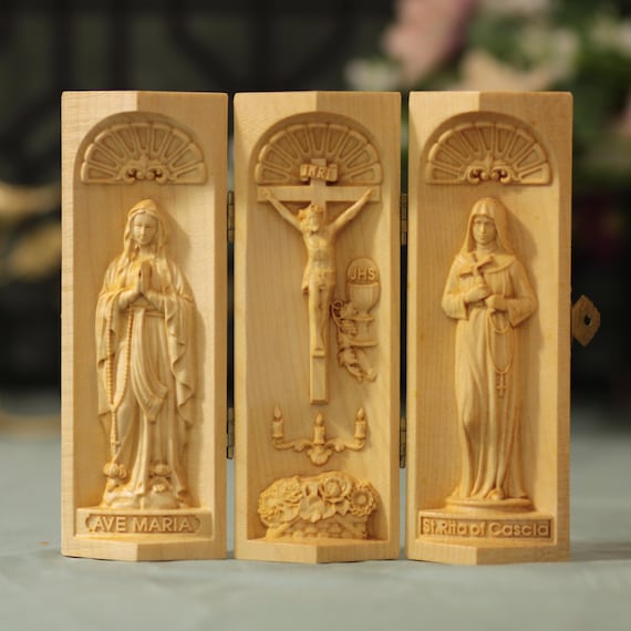 Catholic Triptych of Our Lady of Lourdes- Jesus Christ- St. Rita of Cascia Unique Gifts Handmade Home Decor Christmas Gift Catholic Gifts