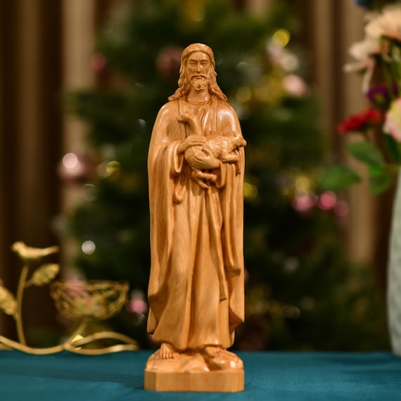 Good Shepherd Wood Statue Religious Christian Gift Jesus Christ with a Lamb Wooden Statue Catholic Home Decor Hand Carved Wood Jesus Statue