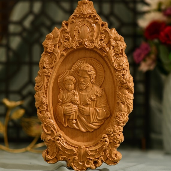 St. Joseph Holding Baby Jesus Wall Art Wooden gift Catholic Icons Religious Gifts Christmas Gift Religious Art Handmade Home Decor