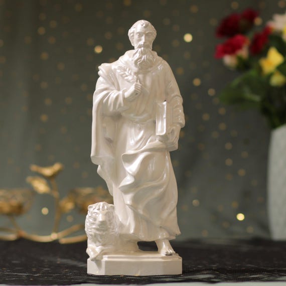 St. Mark the Evangelist Wooden Statue – Pearl White Style | Catholic Decor | Christian Gift | Handmade Wood Figure