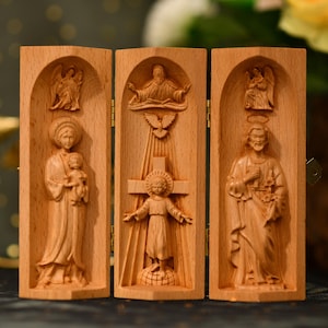 Tríptico de Nuestra Señora de La Vang-Niño Jesús-San José,Iconos Católicos de Madera,Regalos Religiosos de Madera,Regalo de Bautismo,Regalo Cristiano