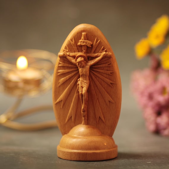 Our Lady of Lourdes & Christ Crucifix Two-Sided Wooden Figurine | Catholic Gift | Handmade Religious Decor