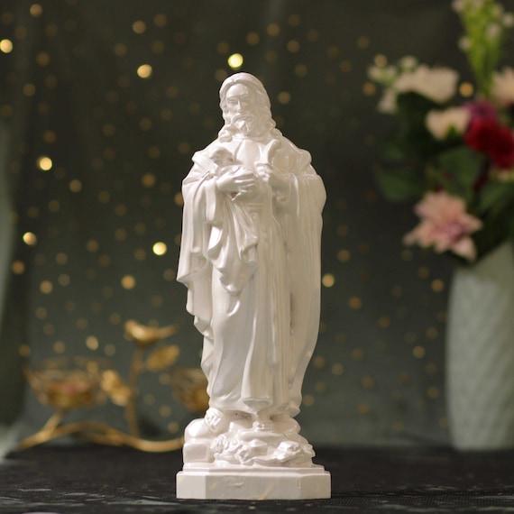 Handmade Good Shepherd Statue: Pearl White Wood, Catholic Gift