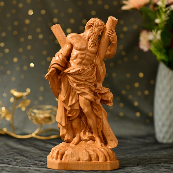 Saint Andrew Wooden Statue Catholic Apostle Figurine Jesus Disciple Religious Home Decor Christian Gift Hand Carved Wood Saint Sculpture