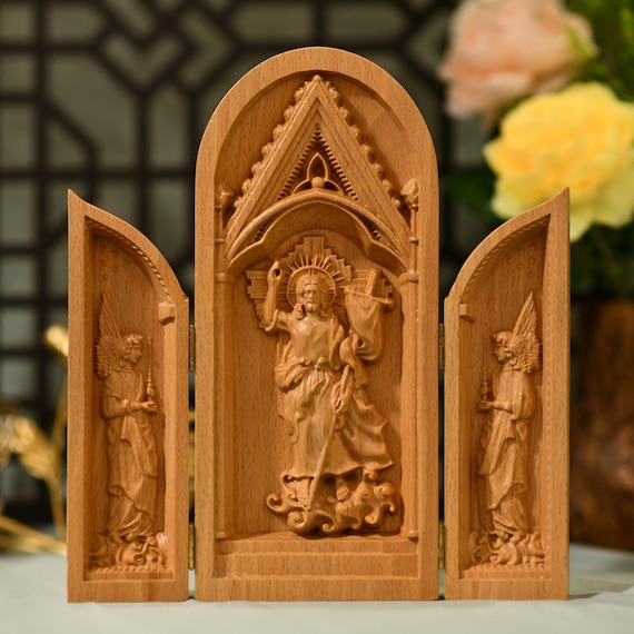 Jesus Christ and Angels Handmade Prayer Altar Catholic Triptych Religious Gifts Wooden Catholic Home Altar Jesus Christ triptych Catholic