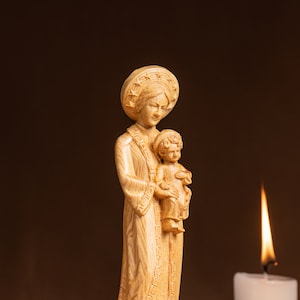 Handmade Wooden Madonna and Child Statue: Our Lady of La Vang