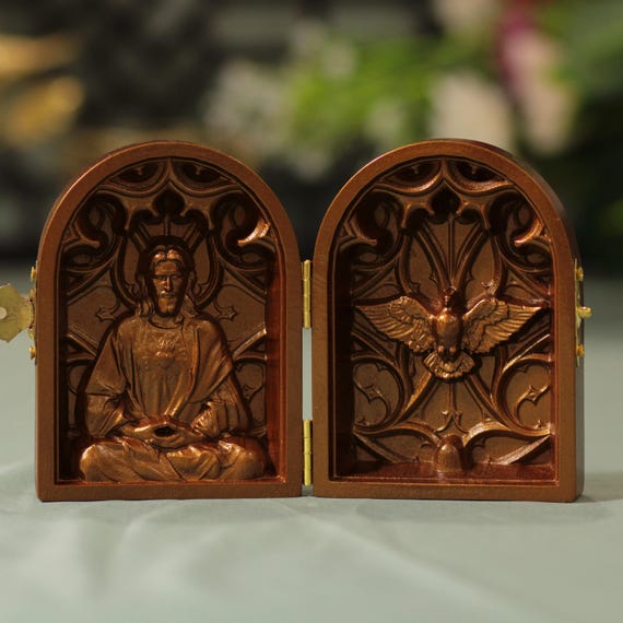 Sacred Heart of Jesus Christ Statue in Contemplation with Holy Spirit | Antique Style Catholic Diptych | Religious Home Decor | Baptism Gift
