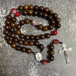 Catholic Rosary with black wooden beads and red gemstone, Wood Bead rosary, Pardon Crucifix Rosary, Catholic Gifts, Cord Rosary