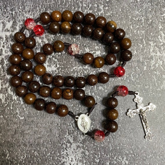 Catholic Rosary with black wooden beads and red gemstone, Wood Bead rosary, Pardon Crucifix Rosary, Catholic Gifts, Cord Rosary