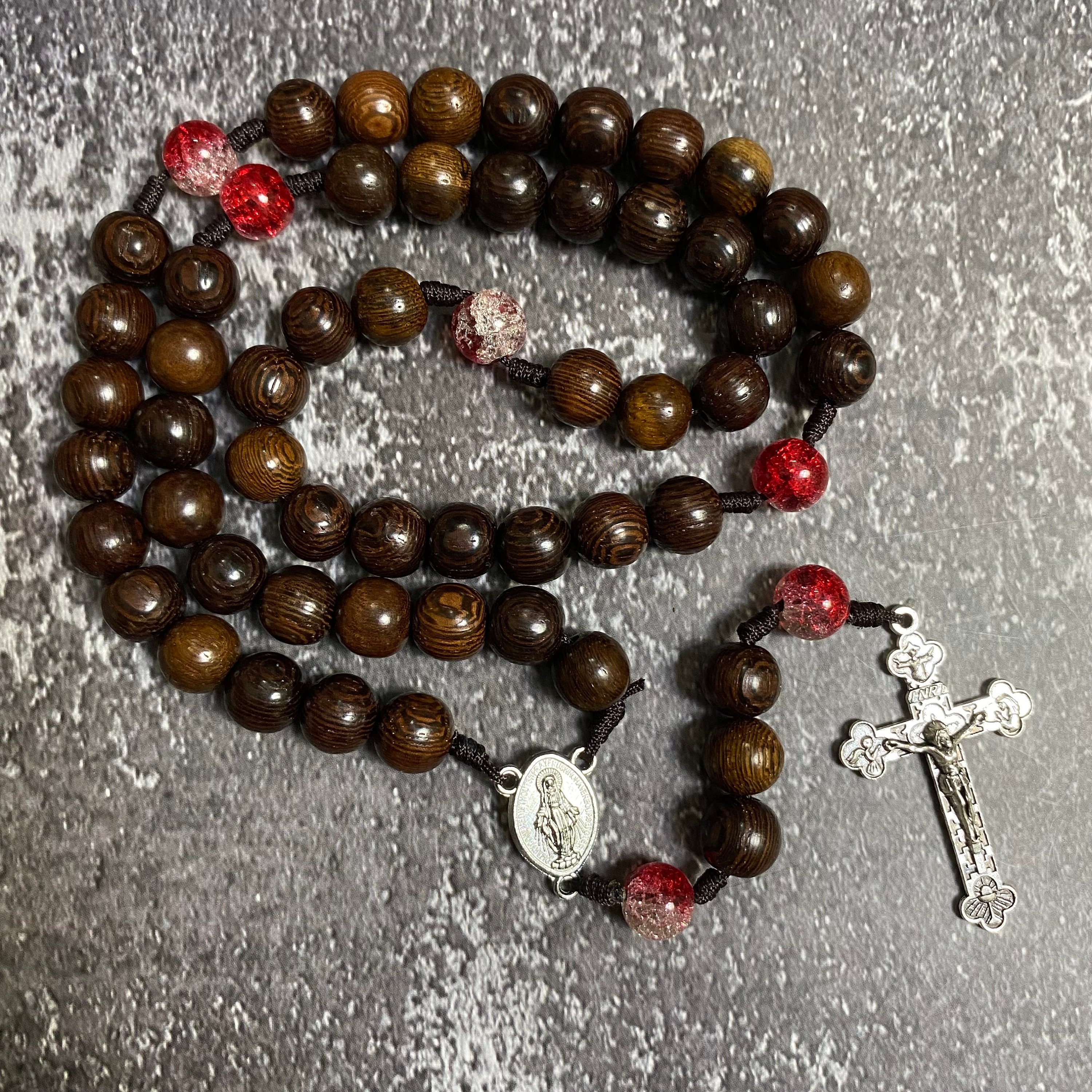 Catholic Rosary with black wooden beads and red gemstone, Wood Bead rosary,  Pardon Crucifix Rosary, Catholic Gifts, Cord Rosary