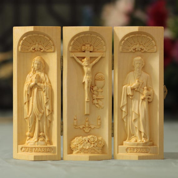 Handmade Prayer Altar of Jesus Christ-Virgin Mary- St. Paul Catholic Triptych Religious Gifts Handmade Religious Easter Gift Christian Gifts