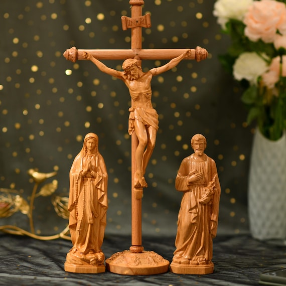 Catholic Home Altar Jesus on the cross Mother Mary St. Joseph Catholic Woodworker Wooden Religious Gifts Jesus Crucifix Housewarming Gifts