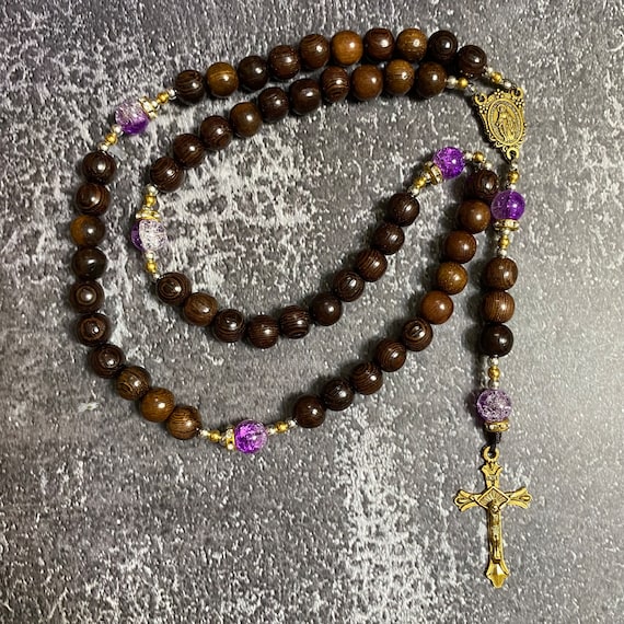 Catholic Rosary adorned with purple gemstone beads, Wood Bead rosary, Pardon Crucifix Rosary, Catholic Gifts, Cord Rosary