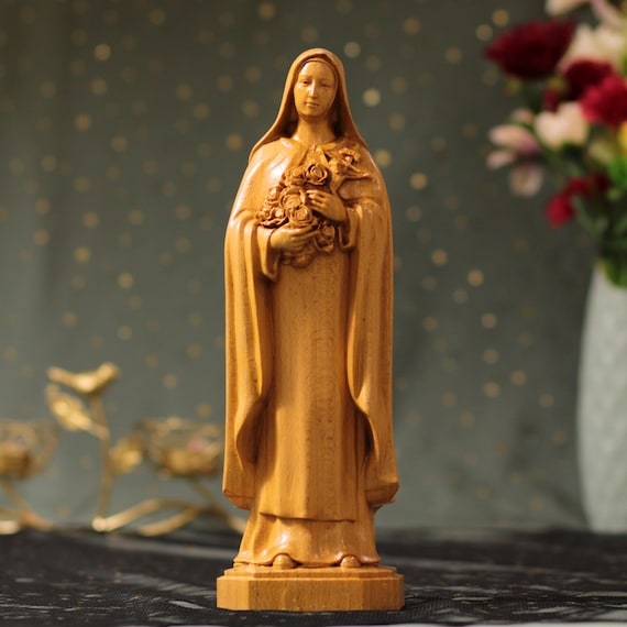 Saint Thérèse of Lisieux Little Flower of Jesus Wooden Statue Therese of the Child Jesus and the Holy Face Housewarming Gift Home Decor