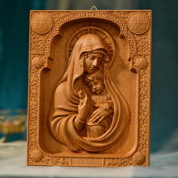 Blessed Virgin Mary icon Wall Hanging Art Work Gifts for Mom Virgin Mary holding baby Jesus Wooden gift Catholic Icons Religious Wall Art