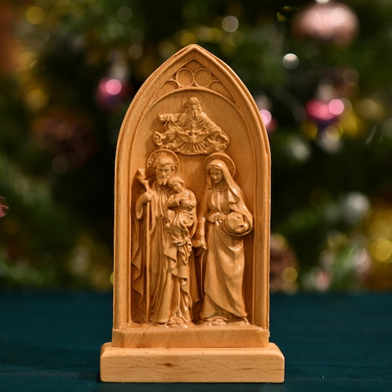 Holy Family and Holy Trinity Desktop Figurine Religious Home Decor Wooden Statues Handmade Home Decor Christmas Gifts Family Gift