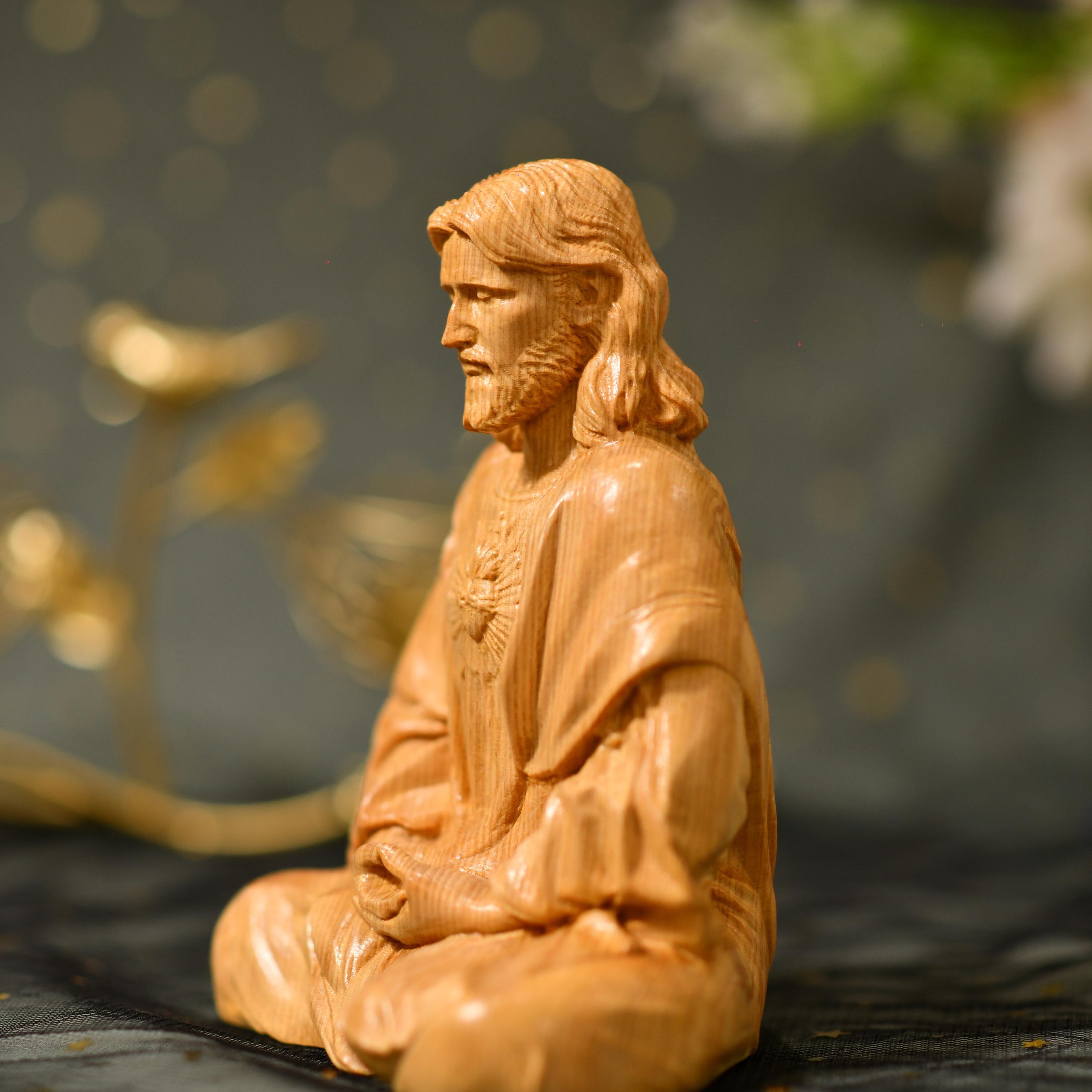 Sacred Heart of Jesus Christ Statue in contemplation Statue Holy Figurine Religious Catholic Statue Jesus Wood Carvings Religious Gifts
