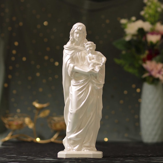 Handmade Pearl White Mother Mary and Child Wooden Statue - Catholic Religious Gift