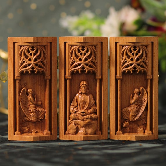Contemplative Christ Triptych Wooden Catholic Triptych Catholic Art Adoring Angels Jesus Gift Christian Home Decor Religious Sacred Prayer