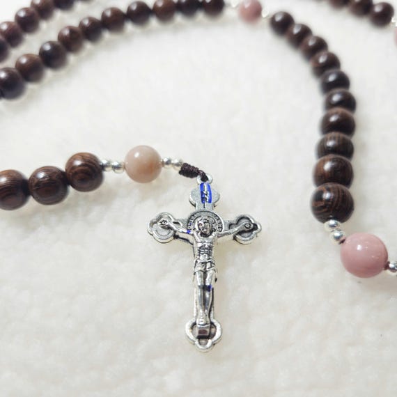 Catholic Rosary Beads Green Cypress Wood & Pink Stone, 1.5-Inch Crucifix, Prayer Beads Gift for Faith Devotion