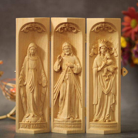 Catholic Triptych of Our Lady of Grace- Jesus Christ- Our Lady Of Perpetual Help Unique Gift Living Room Decor Catholic Decor Womens Gifts