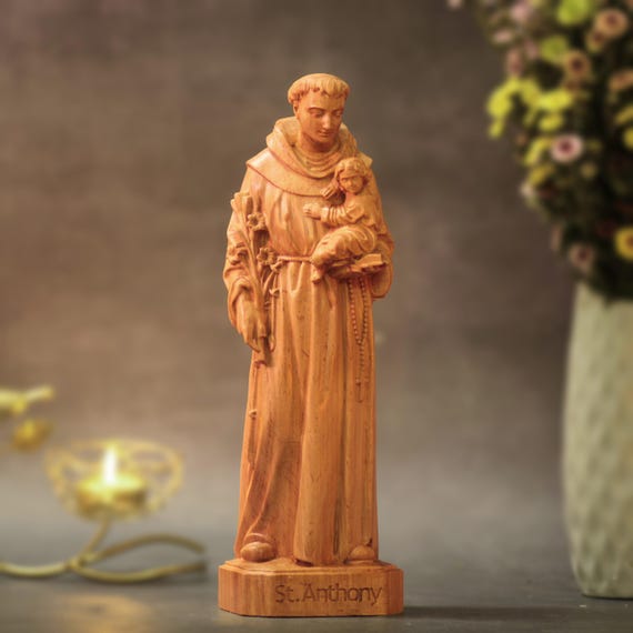 St. Anthony Wooden Statue Catholic Saint Figurine Religious Gift Christian Home Decor Patron Saint of Lost Things Hand Carved Wood Sculpture
