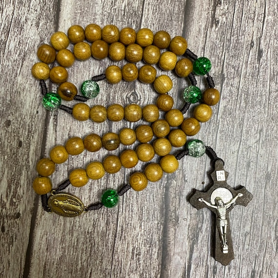 Unique Catholic Rosary with green gemstone beads, Paracord Rosary, Wood Bead rosary, Pardon Crucifix Rosary, Catholic Gifts, Cord Rosary