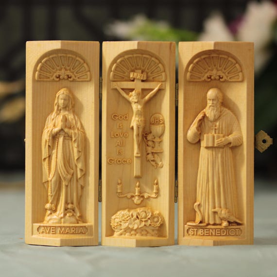 Jesus Christ| Our Lady of Lourdes| St.Benedict Handmade Prayer Altar Catholic Triptych Christian Decor Home Altar Christmas Gifts Idea