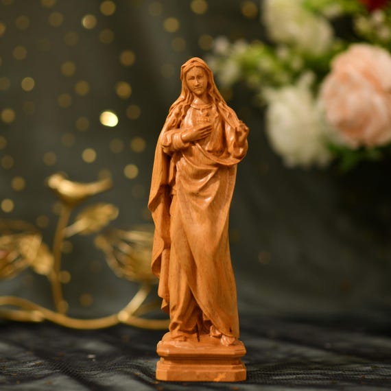 Immaculate Heart of Mother Mary Statue Catholic Art Mothers Day Gift Wooden Religious Gifts Housewarming Gift Handmade Home Decor