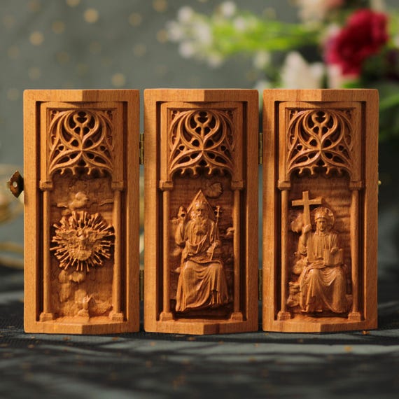 Holy Trinity Wood Triptych Catholic Art Father Son Holy Spirit Christian Decor Religious Gift Blessed Trinity Wooden Christian Art