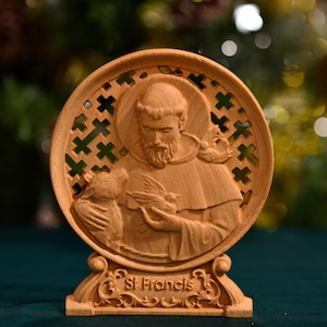 Hand Carved Saint Francis Statue: Rustic Wooden Catholic Decor