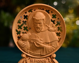 Hand Carved Saint Francis Statue: Rustic Wooden Catholic Decor