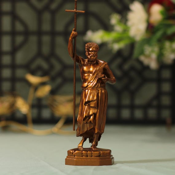 St. John the Baptist Wooden Statue Antique Style Catholic Gift Christian Home Decor Religious Art Hand Carved Wood Saint Sculpture