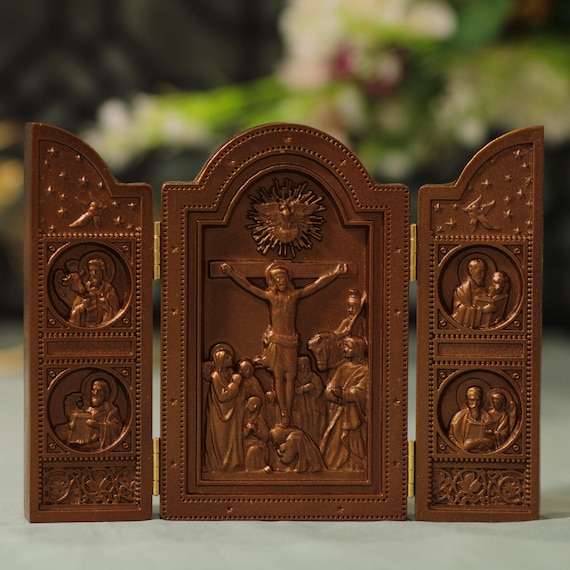 The Crucifixion and Four Evangelists Triptych Catholic Triptych Antique Style St Matthew St Mark St Luke St John Christian Gift Home Altar