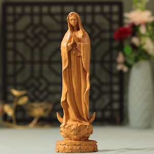 Handmade Our Lady of Guadalupe Statue: Carved Beech Wood Catholic Shrine