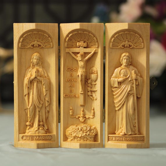 Catholic Triptych Jesus Virgin Mary St Jude Thaddaeus Wood Altar Art Christian Art Decor Religious Gift Handmade Prayer Panel Catholic